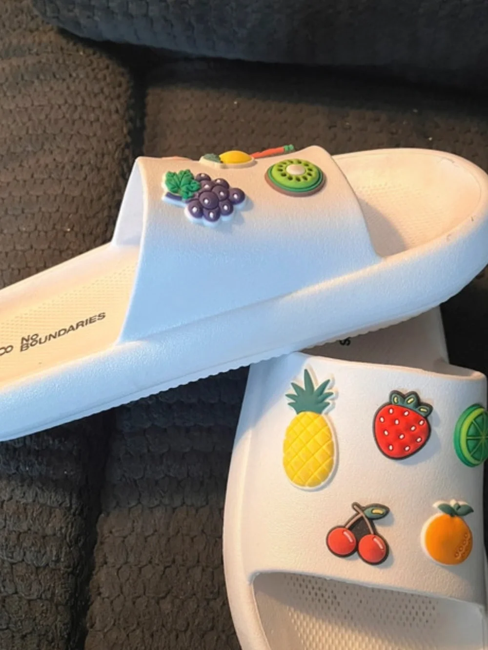 🍇No Boundaries White Slide Sandals with Colorful Fruit Charms🍉🍋